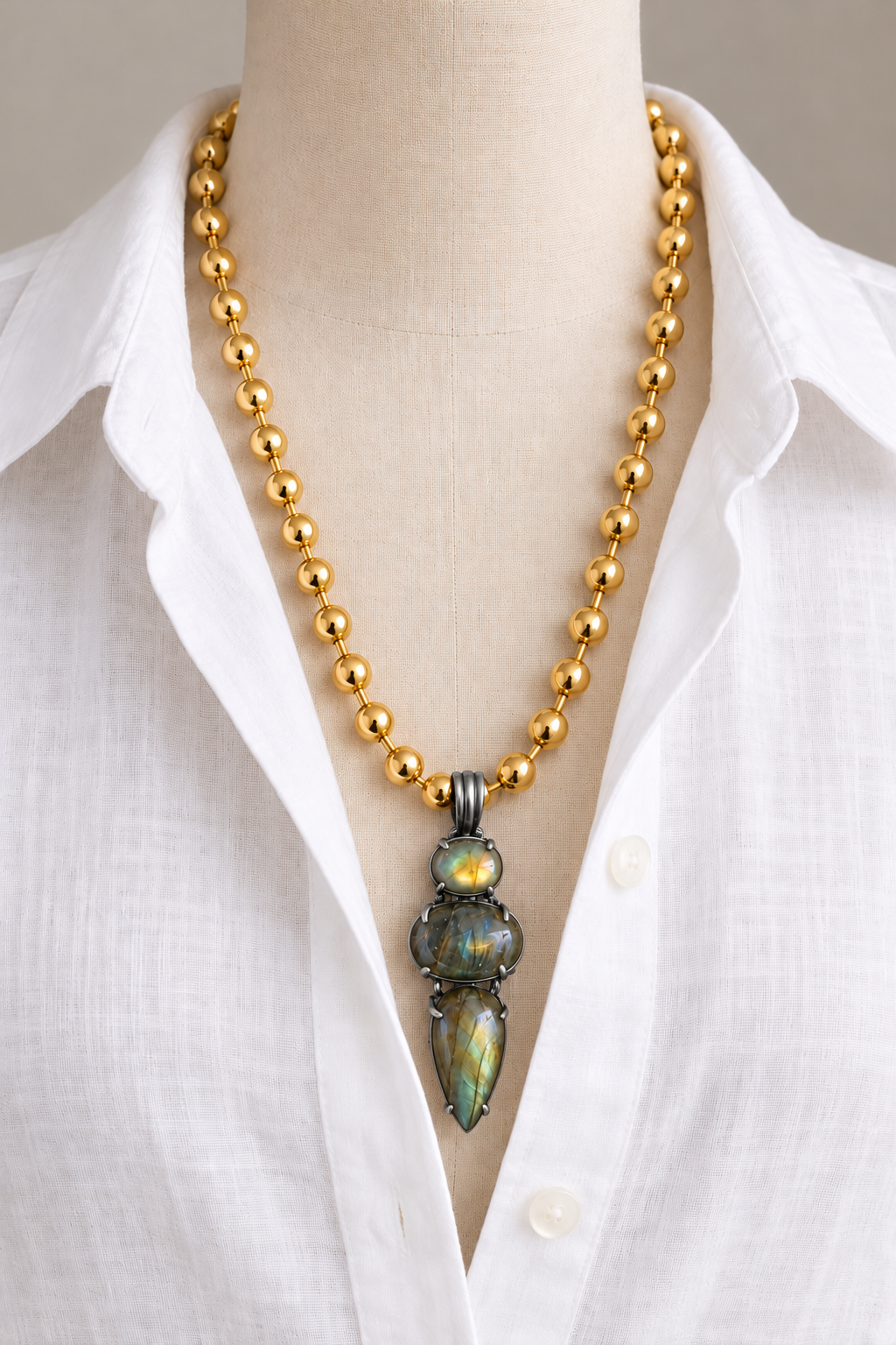 Destello labradorite necklace with oxidized silver pendant setting and gold-tone bead chain