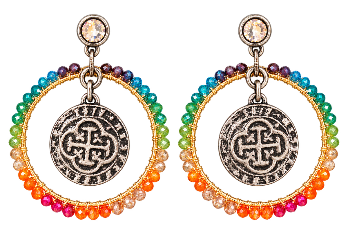 Gold plated multicolor crystal hoop earrings with silver plated coin charms