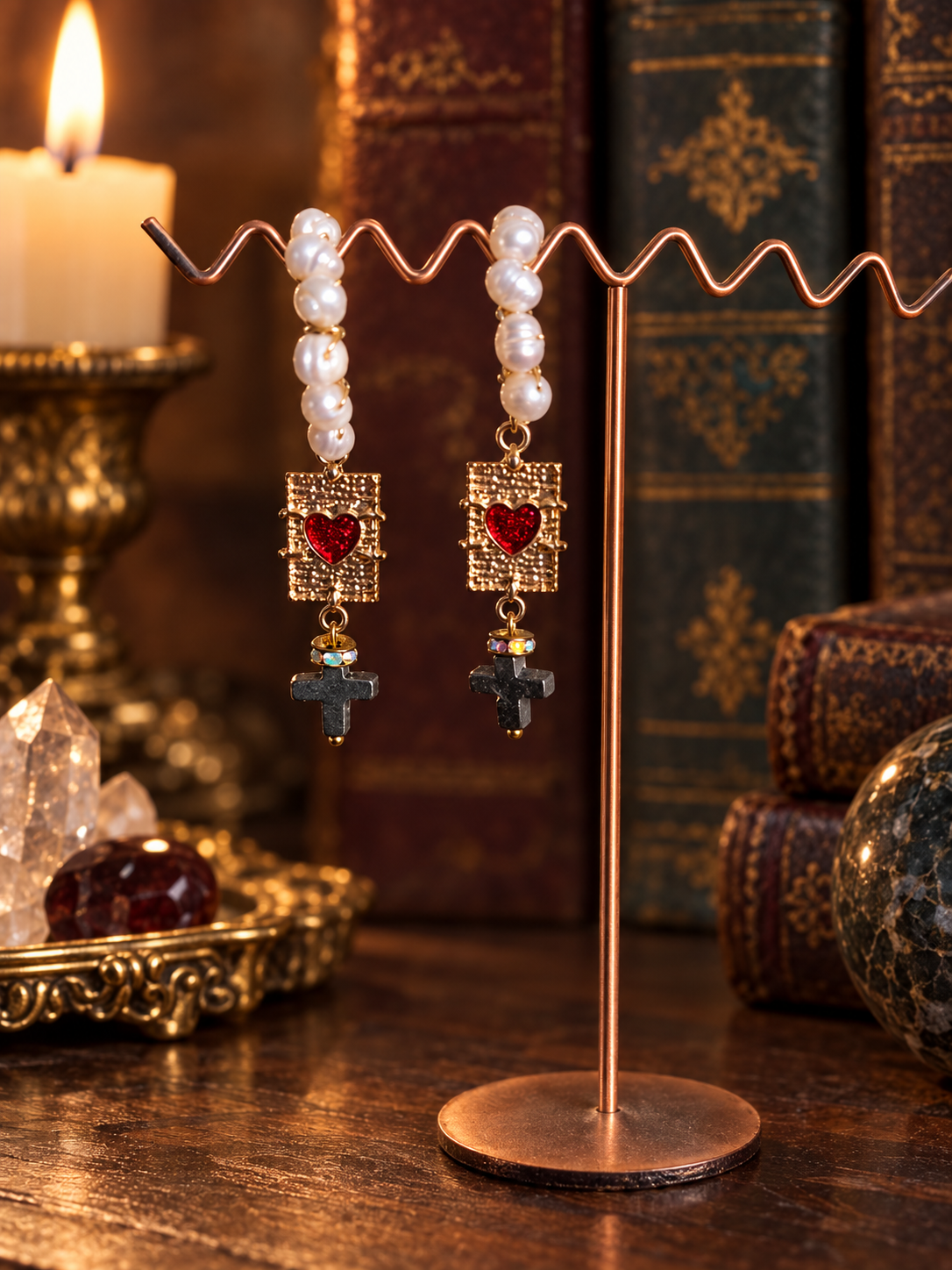 Perla Pyrite Cross half hoop earrings with freshwater pearls and pyrite cross dangles