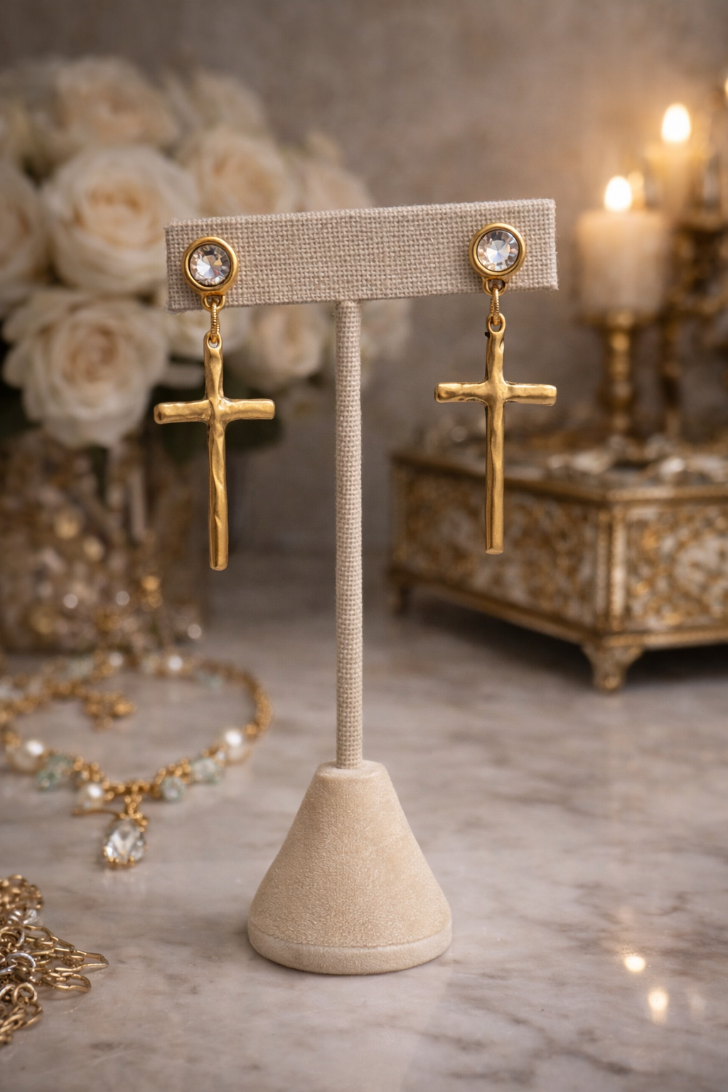 Artisan hammered cross earrings