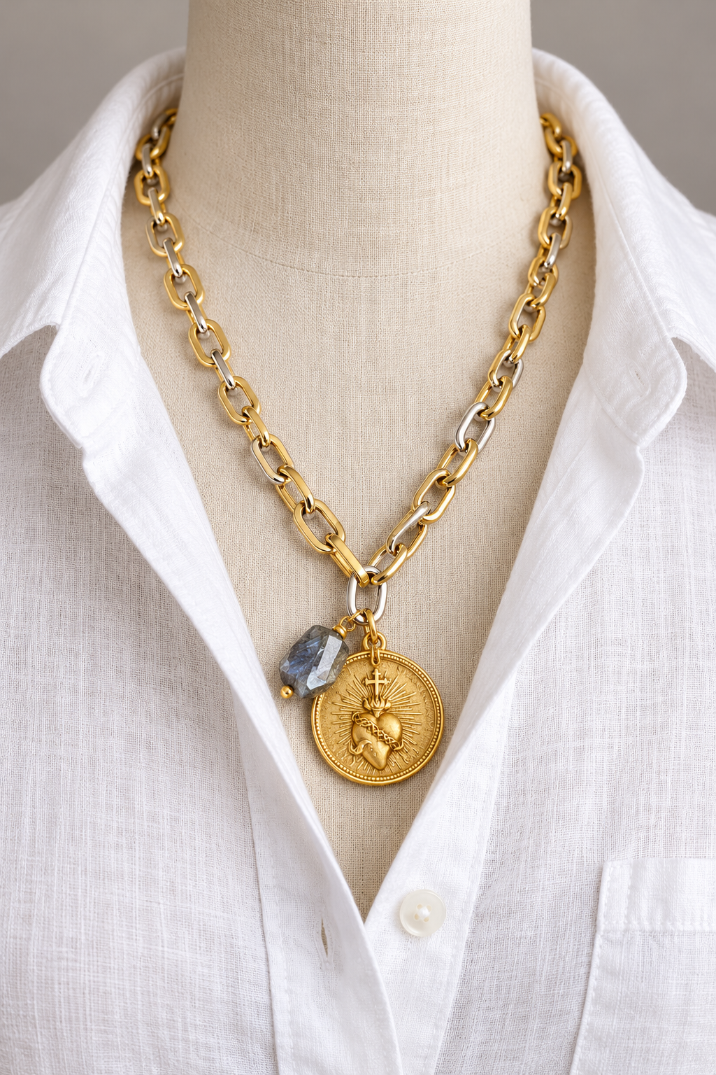 Sacred Flame Necklace with Sacred Heart pendant and labradorite gemstone charm
