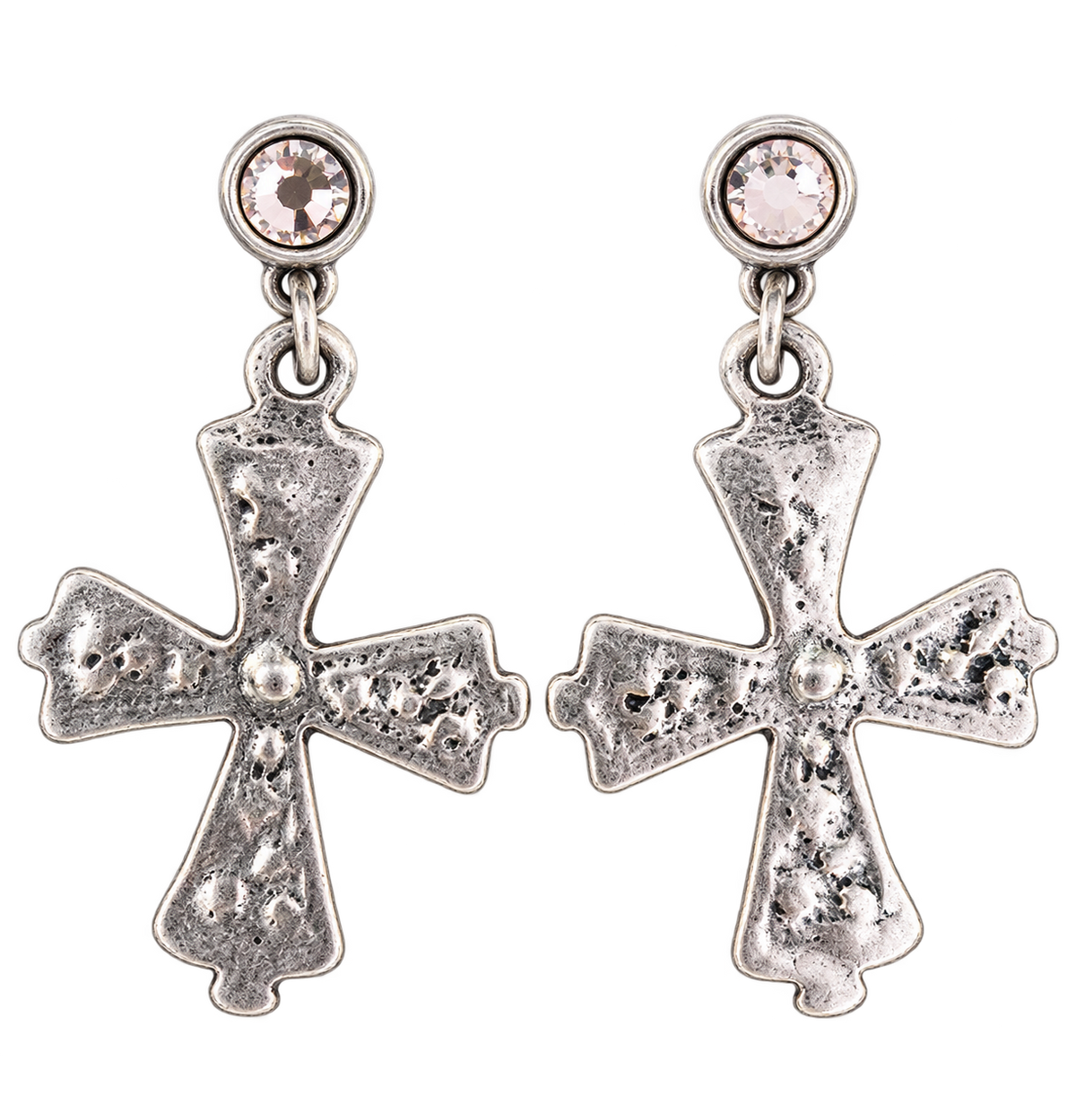 Silver plated hammered cross earrings with Swarovski crystal studs
