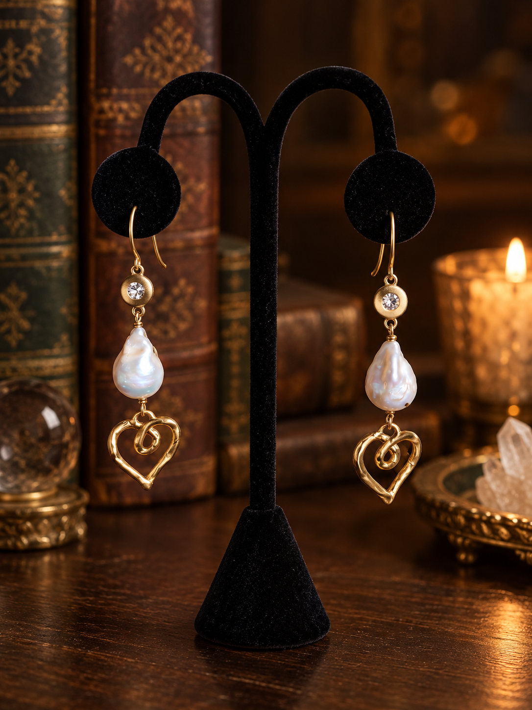 Amor Pearl Relic earrings with Baroque pearls and open heart charms