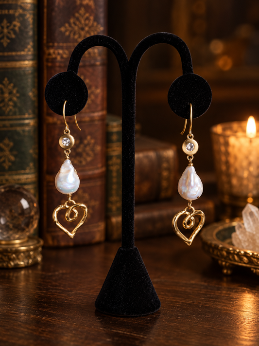 Amor Pearl Relic earrings with Baroque pearls and open heart charms
