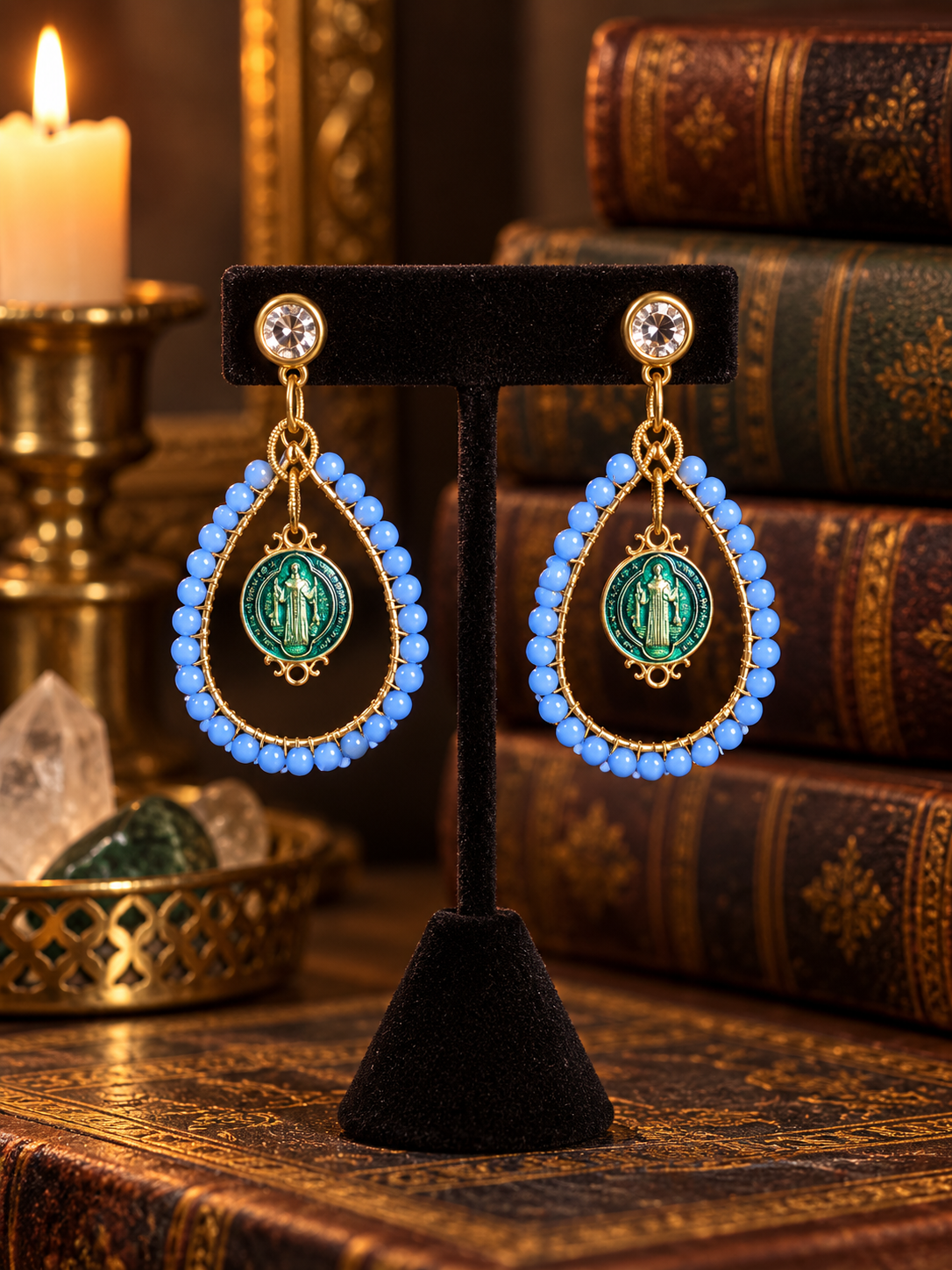 Azul devotion medallion earrings with blue beads and green medallions