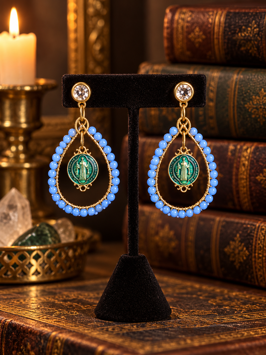 Azul devotion medallion earrings with blue beads and green medallions