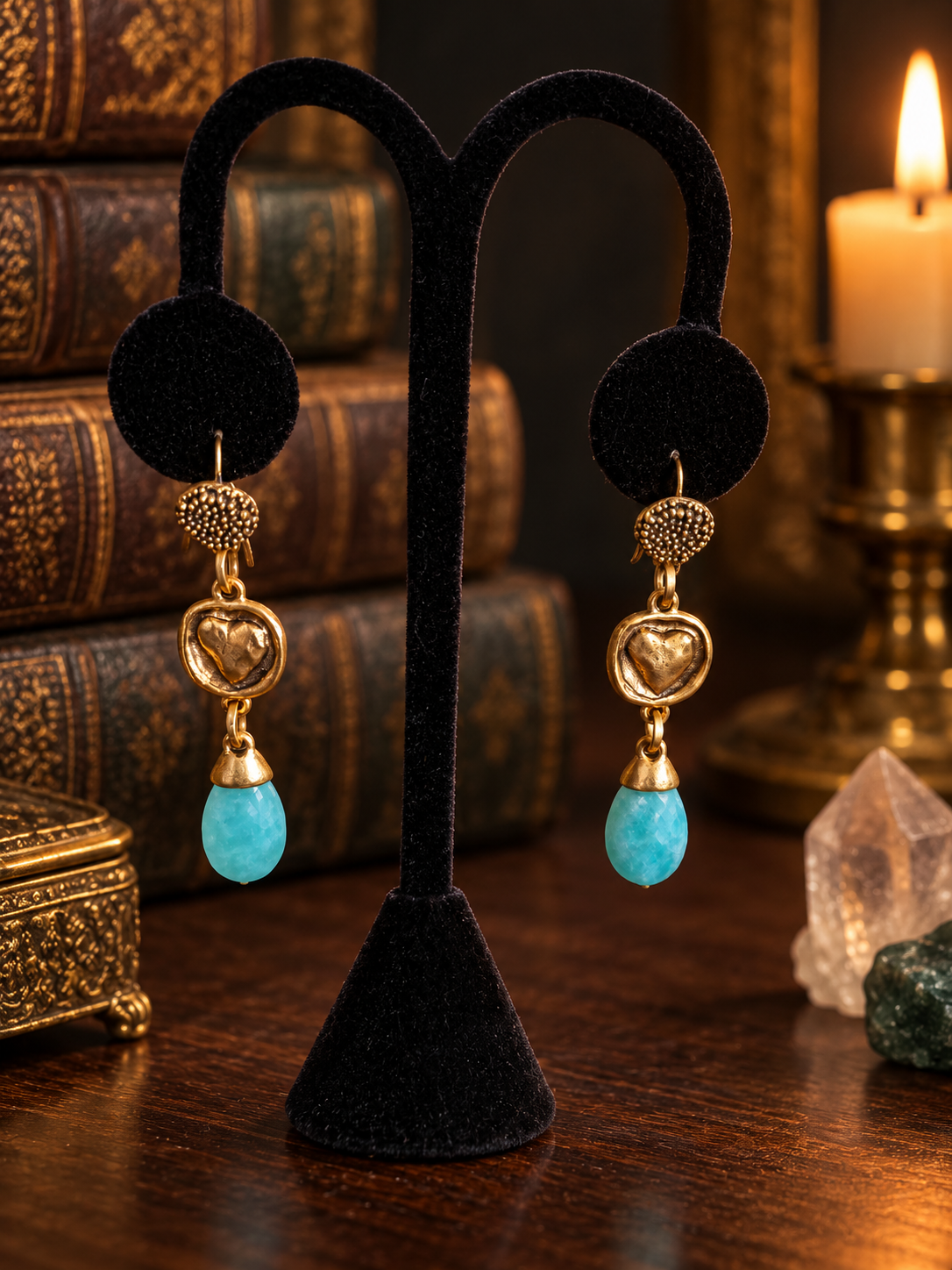 Azul Moissanite Heart Drop earrings with blue moissanite gemstone drops