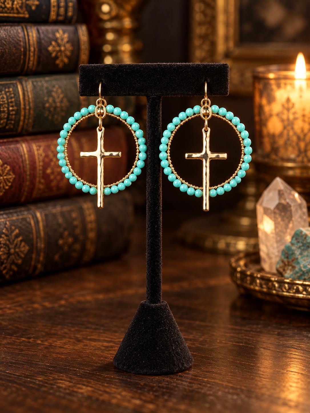 Celeste cross hoop earrings with turquoise beads and gold cross charms