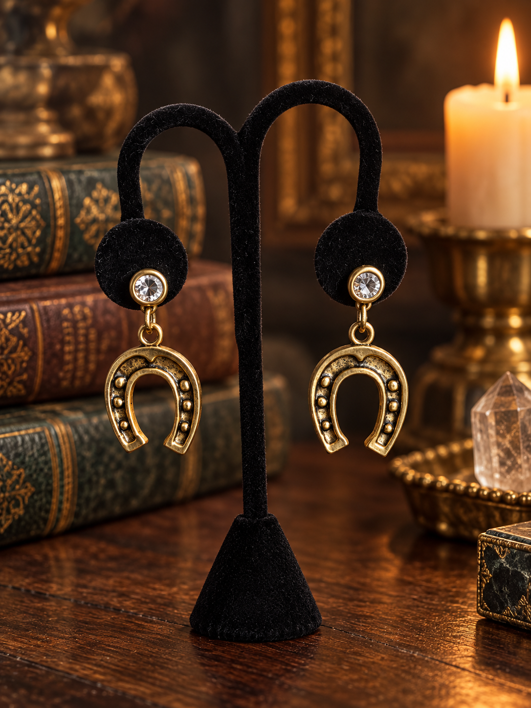 Fortuna Horseshoe Swarovski earrings with 12k gold plated horseshoe charms