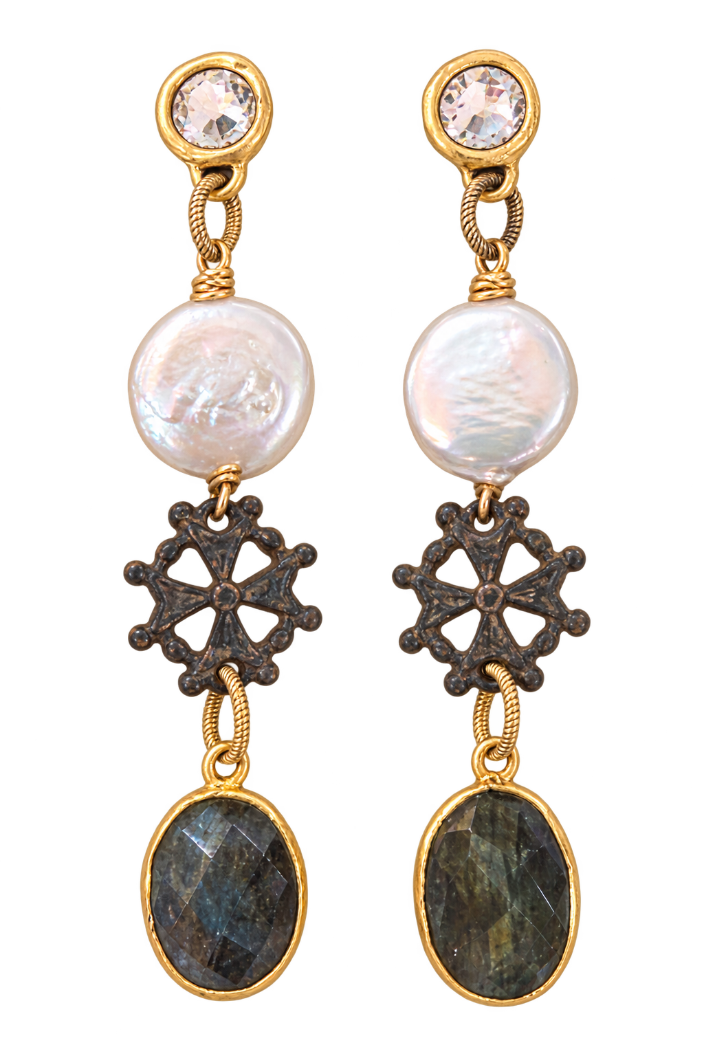 Gold plated earrings with freshwater pearls and dark stone drops