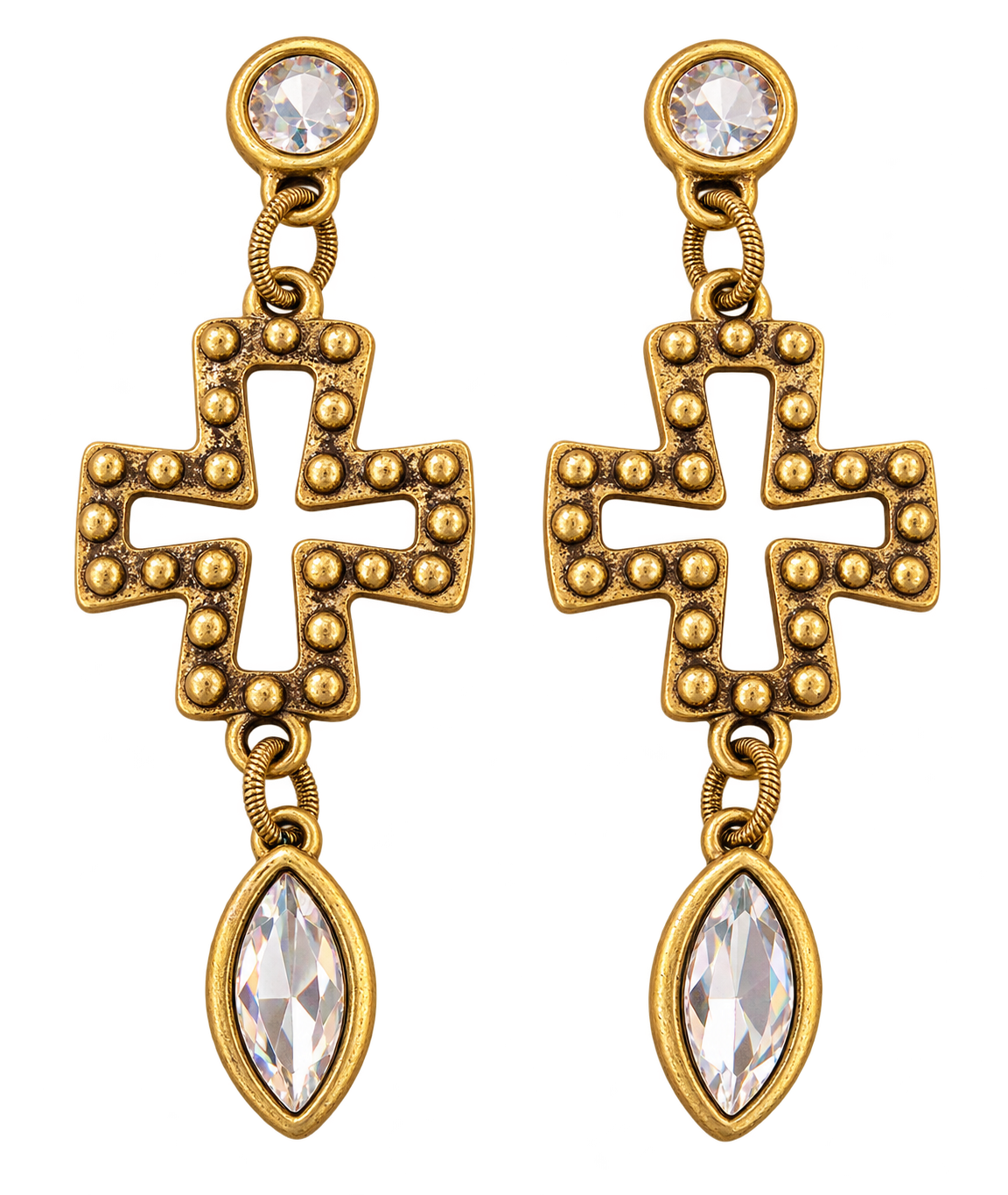 Gold plated cross earrings with Swarovski crystal studs and crystal drops