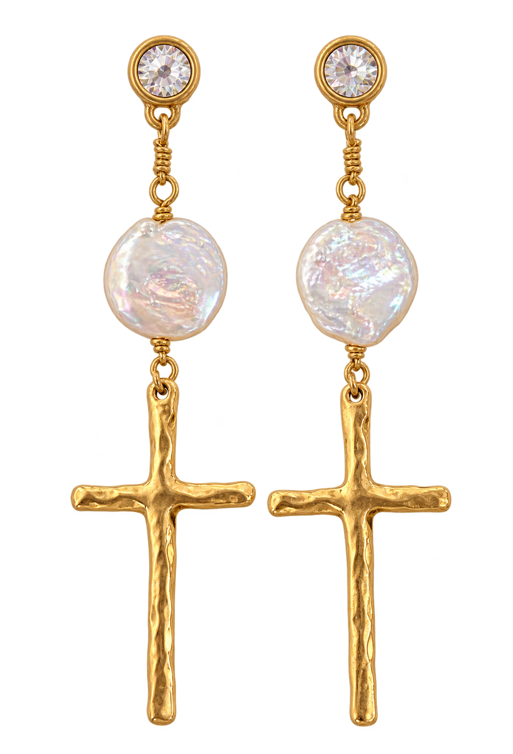 Gold plated cross earrings with Swarovski crystal studs and freshwater pearls