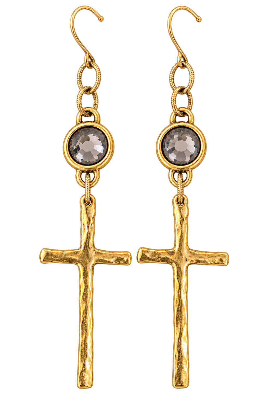 Gold plated long cross earrings with crystal detail