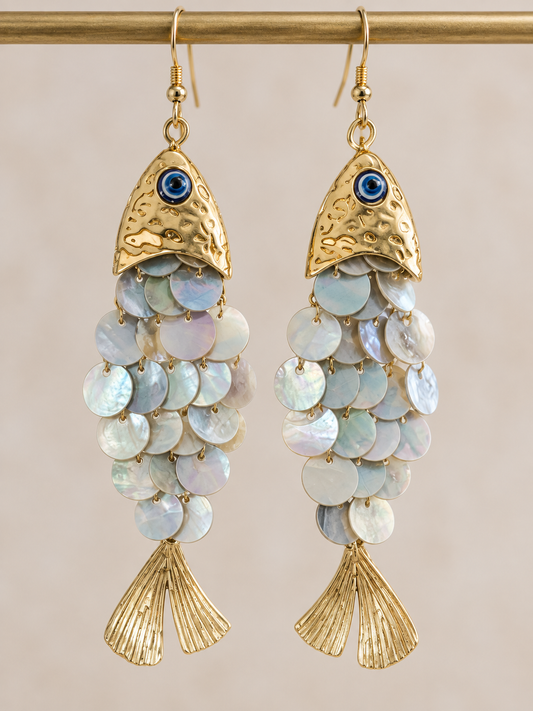Gold plated fish earrings with mother of pearl beads