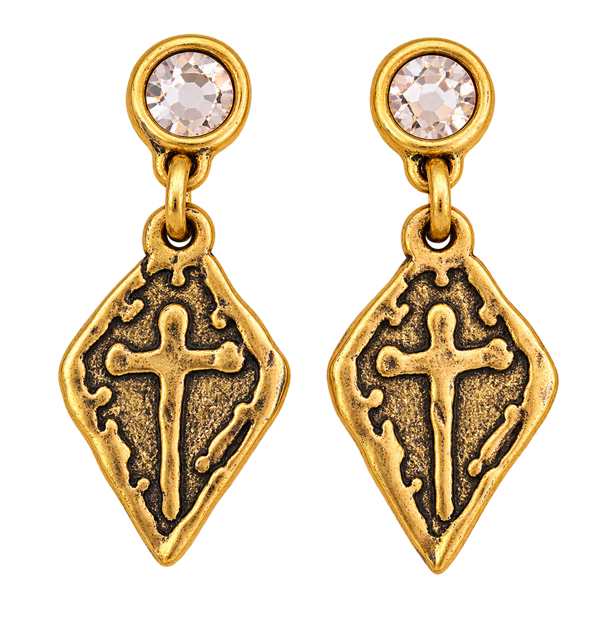 Gold plated shield cross earrings with Swarovski crystal studs