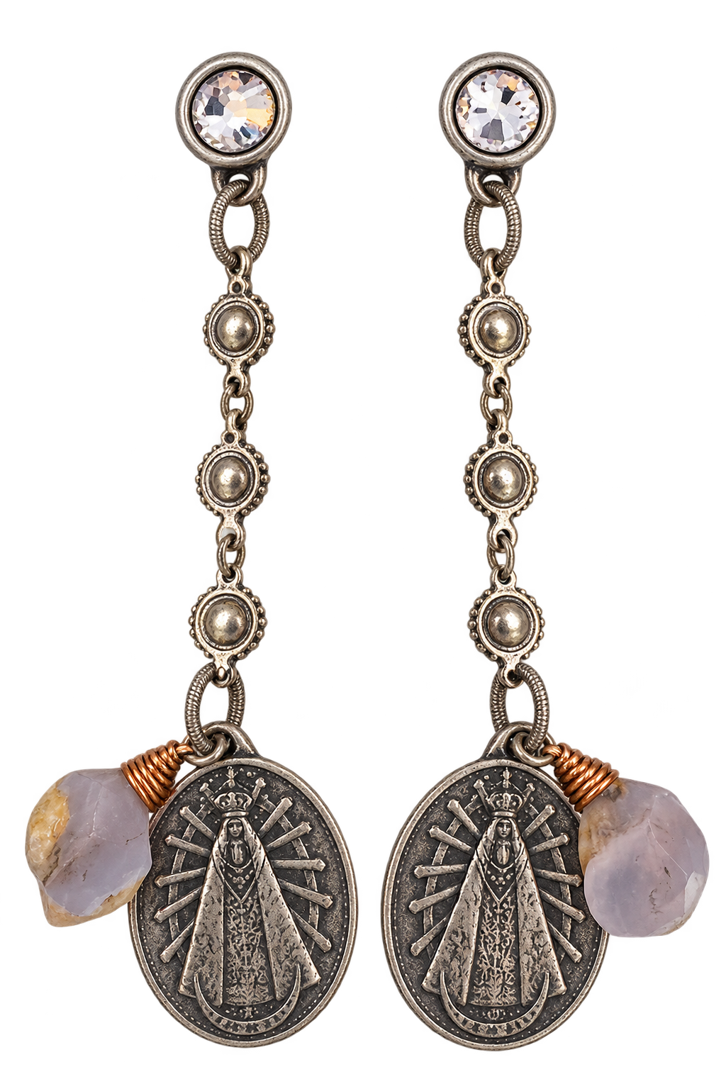 Long Virgin Lujan medal stone earrings with Swarovski crystal studs