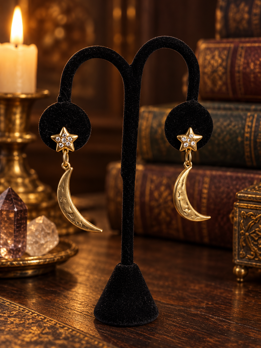 Luna Estrella Swarovski earrings with gold plated crescent moon charms