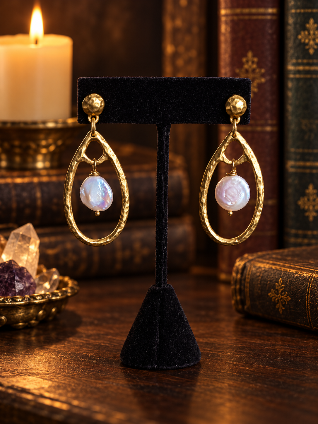 Maris Pearl Teardrop earrings with gold plated hammered frames and freshwater pearls