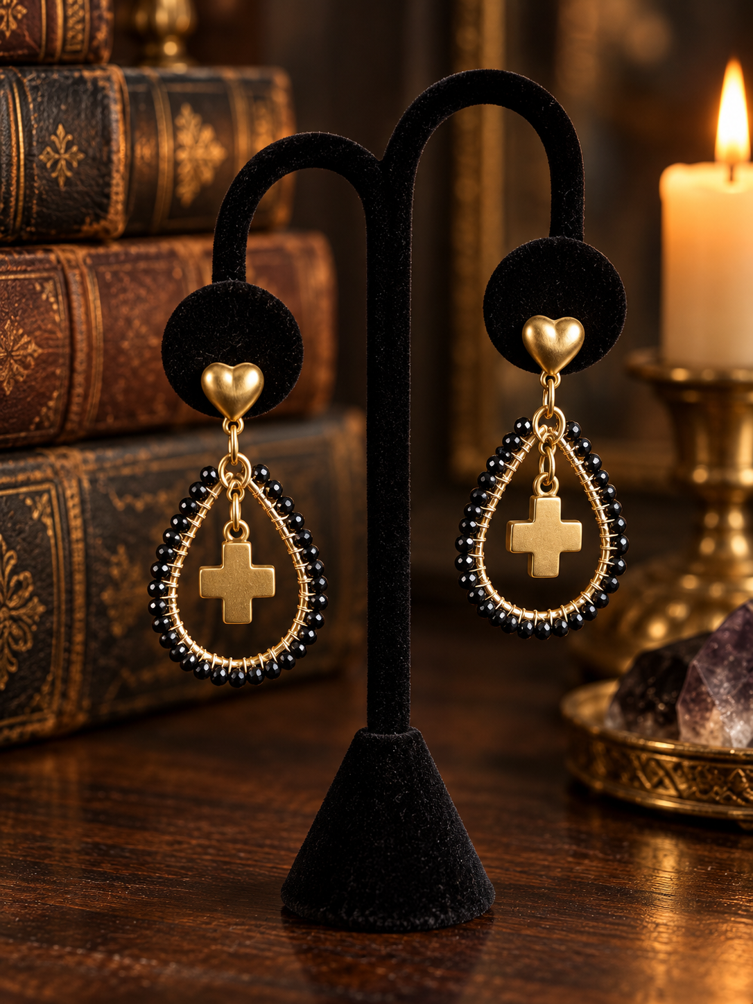 Noir Cruz teardrop earrings with black beads and gold cross charms