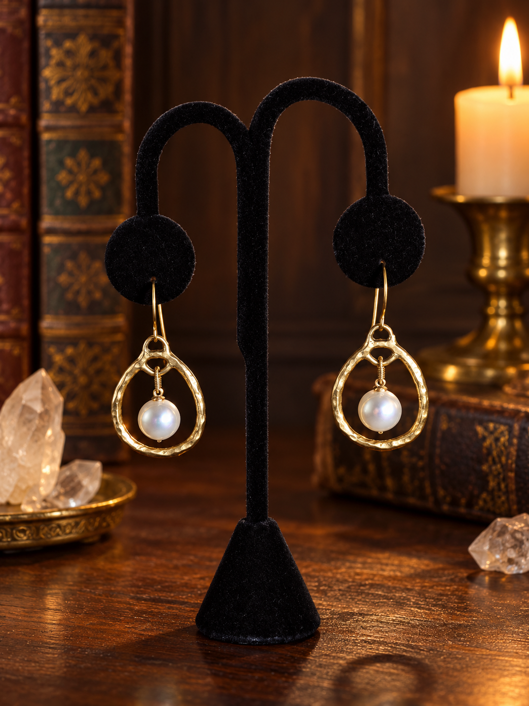 Pearl Drop Relic earrings with 12k gold plated hammered teardrops and glass pearls