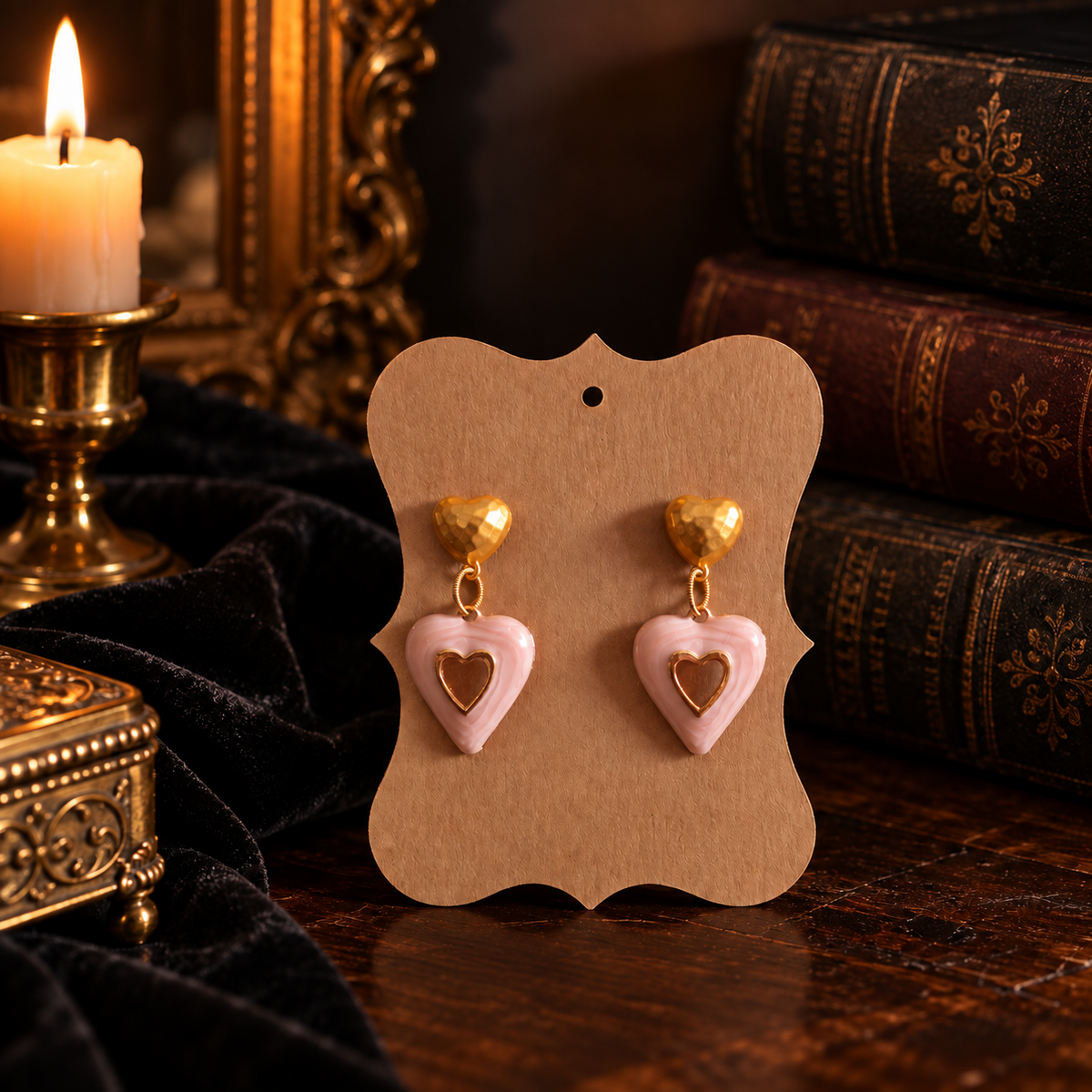 Pink enamel heart drop earrings with 14k gold plated details in a dark academia setting