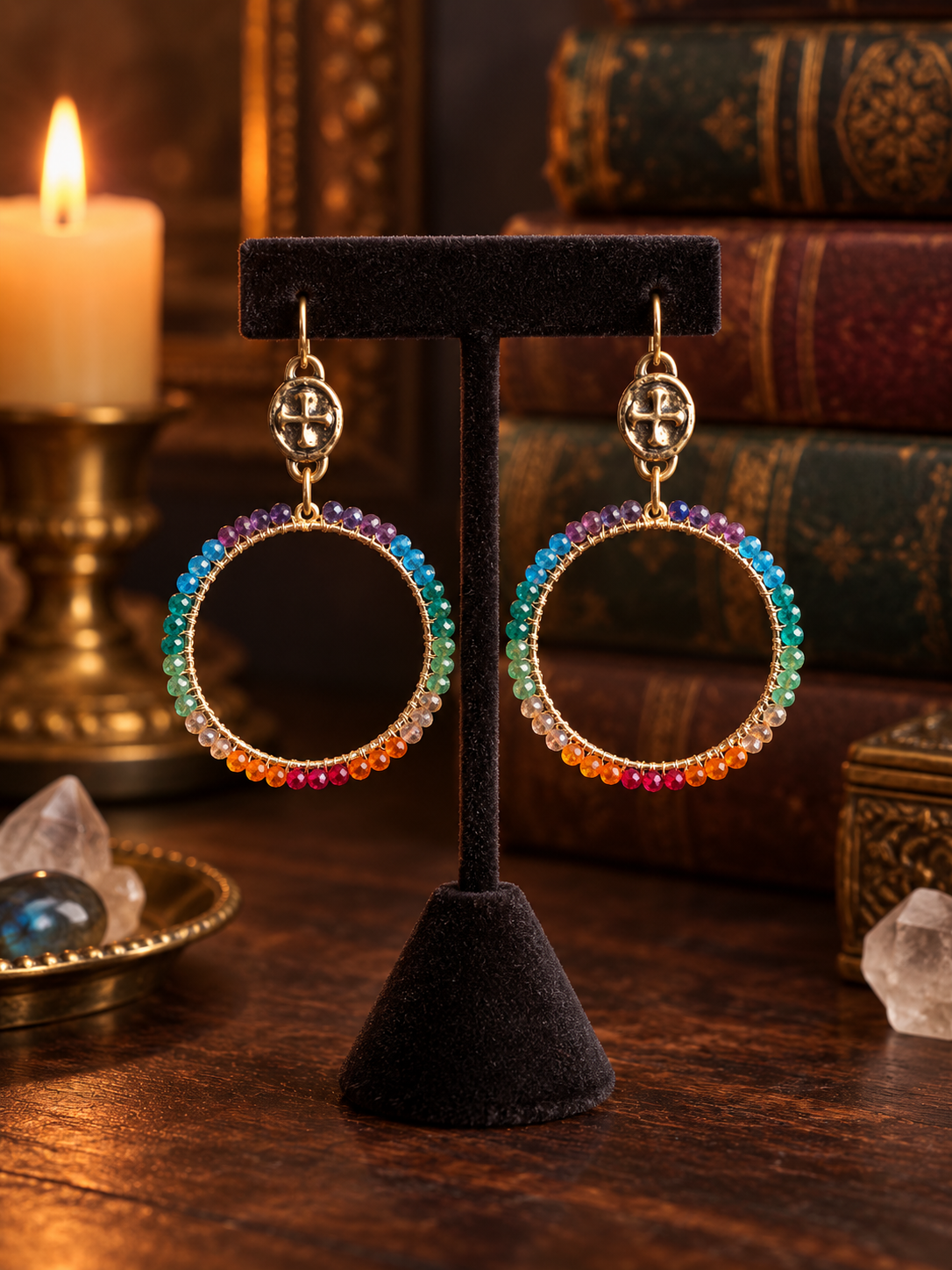 Prism relic hoop earrings with multicolor crystal beads