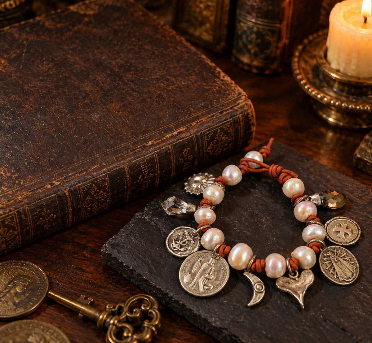 Rust Leather Pearl Charm Bracelet with Religious Medallions