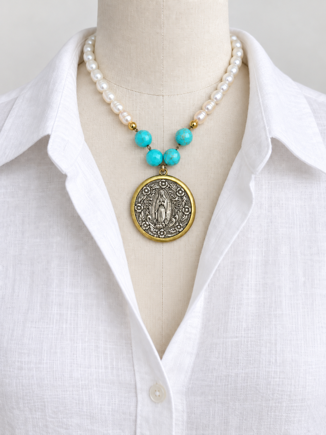 Turquoise Pearl Virgin Mary Necklace