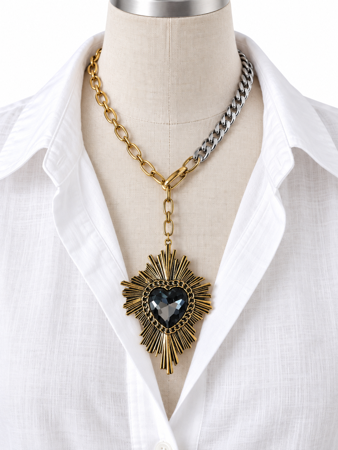 Mixed Metal Black Crystal Heart Statement Necklace