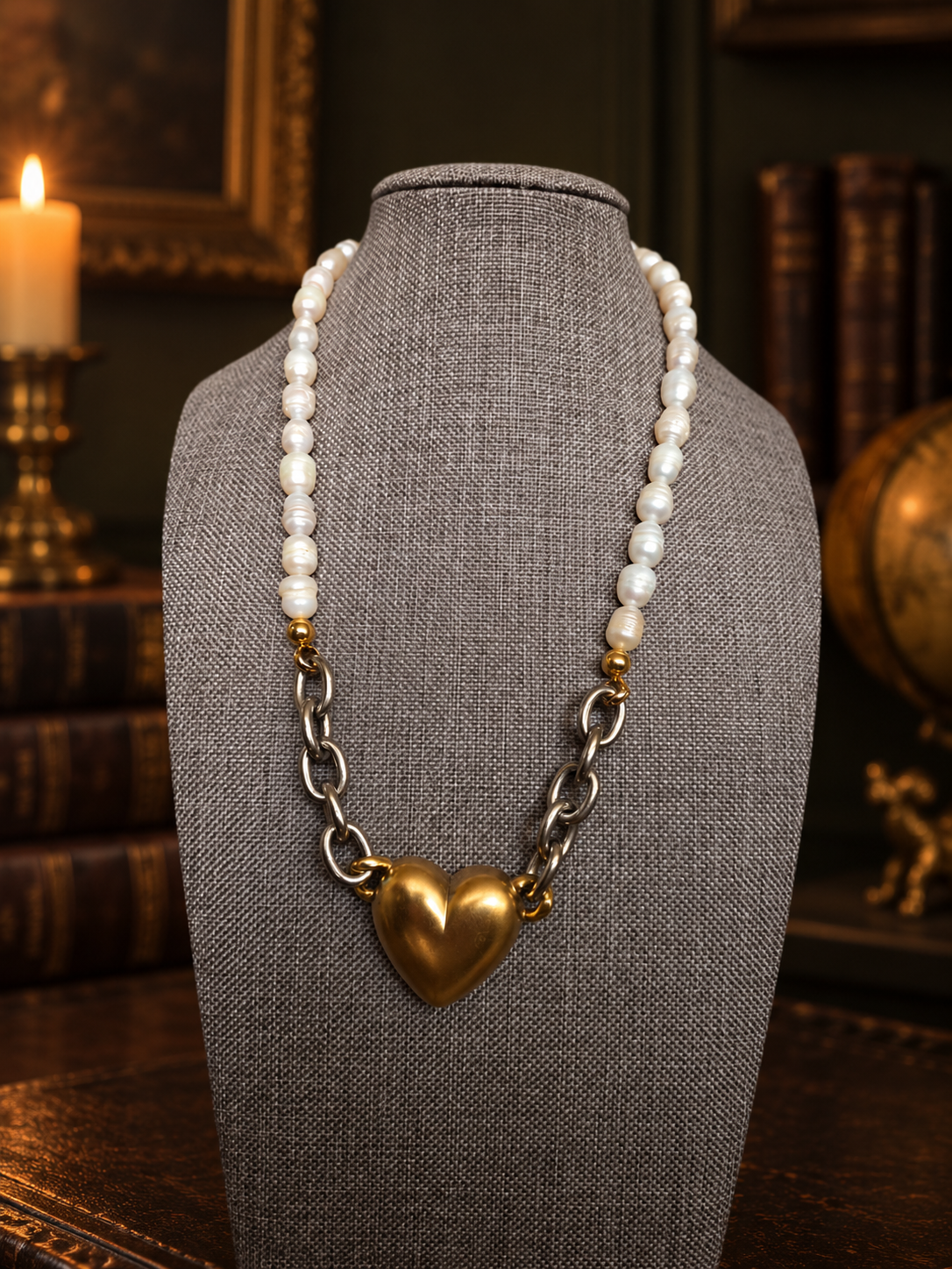 Gilded Heart Pearl Link Necklace