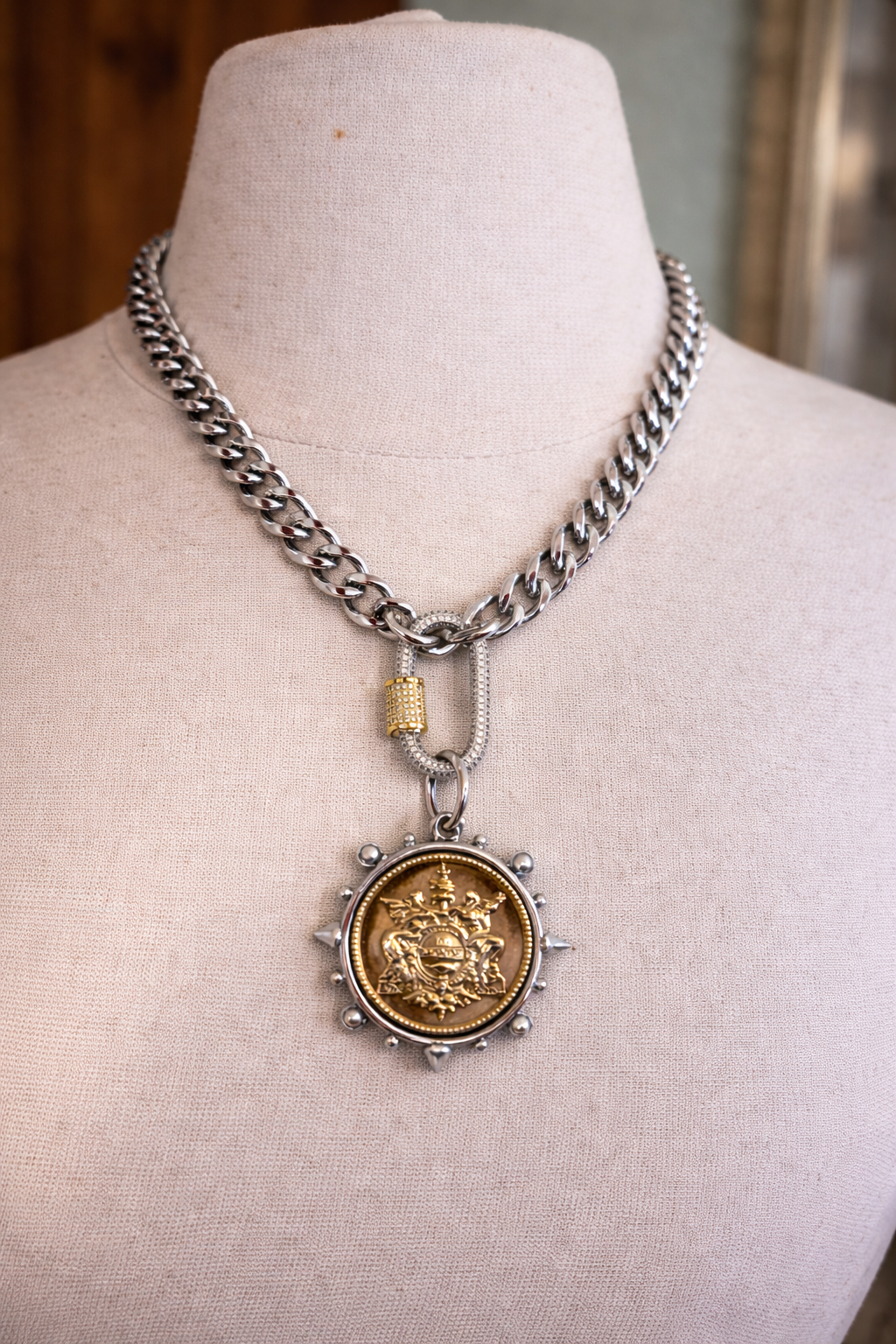 European Heraldic Sacred Crest Medallion Necklace