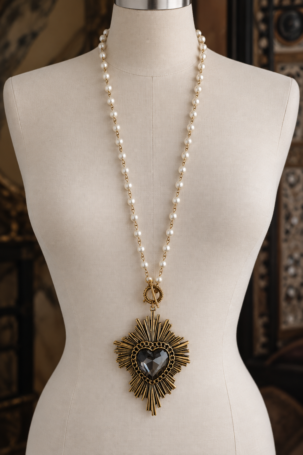 Vintage Glass Pearl & Black Crystal Heart Necklace