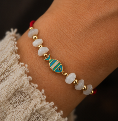 White Quartz Fish Amulet Adjustable Bracelet