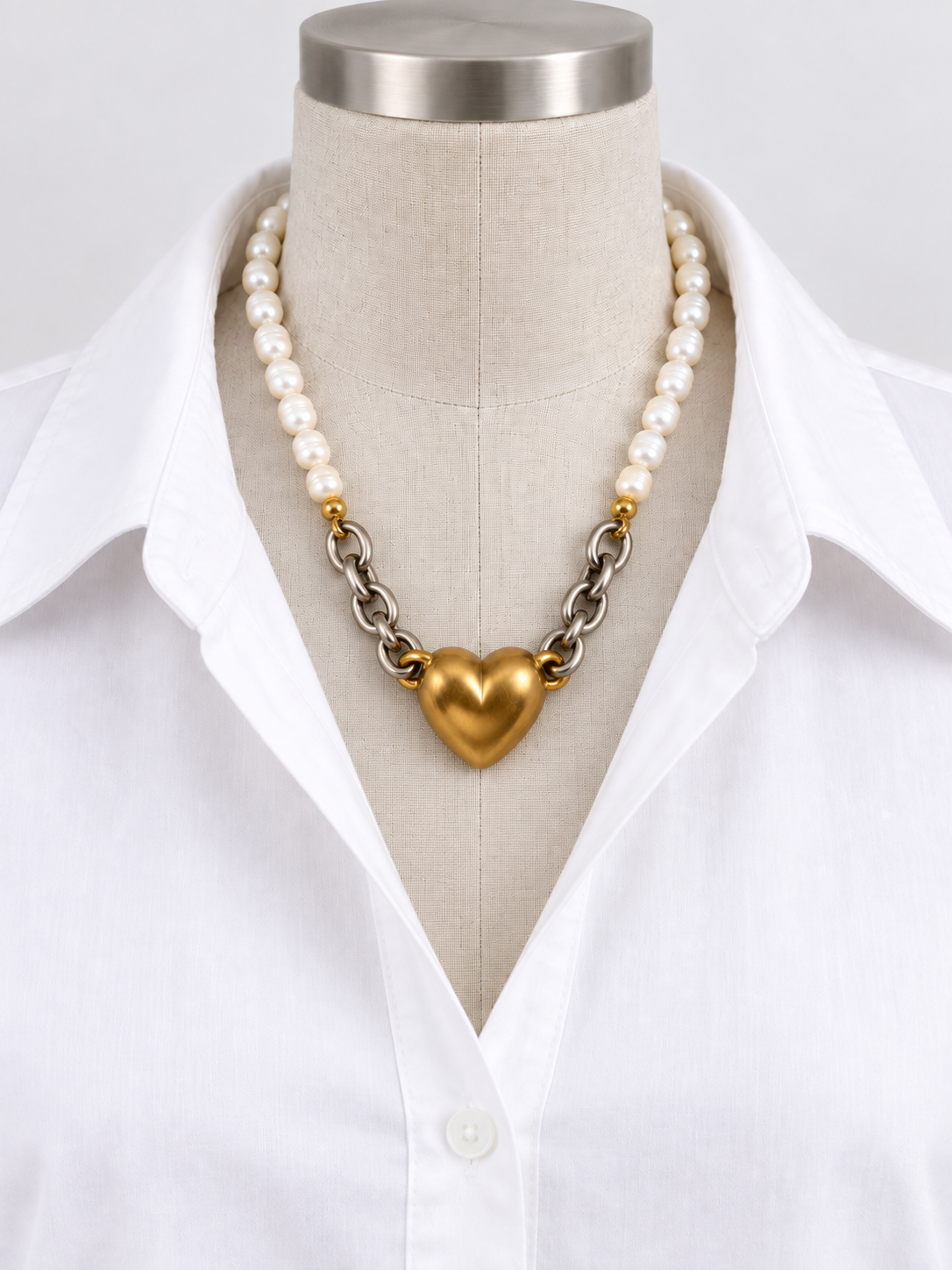 Gilded Heart Pearl Link Necklace