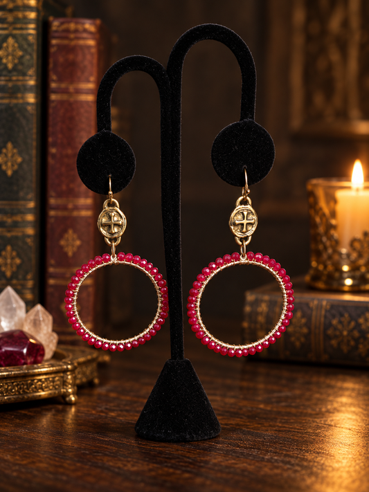 Scarlet Relic hoop earrings with red beads and gold plated charm tops
