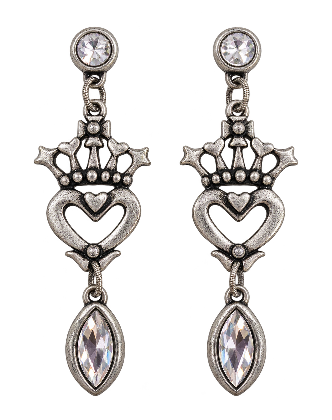 Silver plated crown heart crystal drop earrings with Swarovski crystal studs