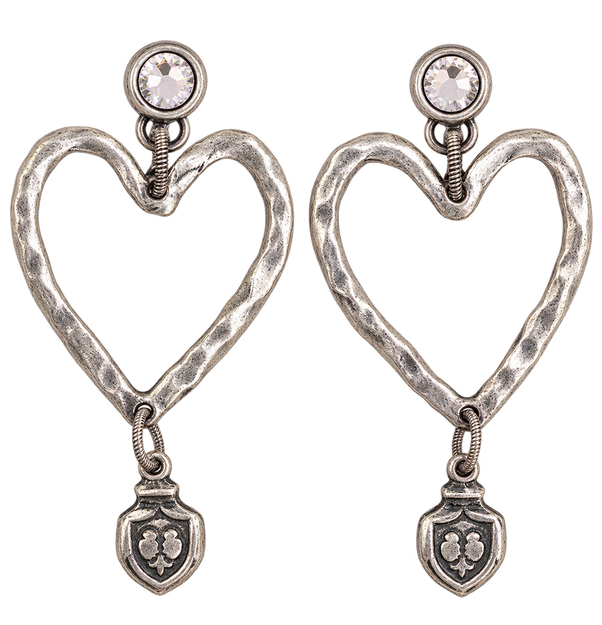 Silver plated open heart shield earrings with Swarovski crystal studs