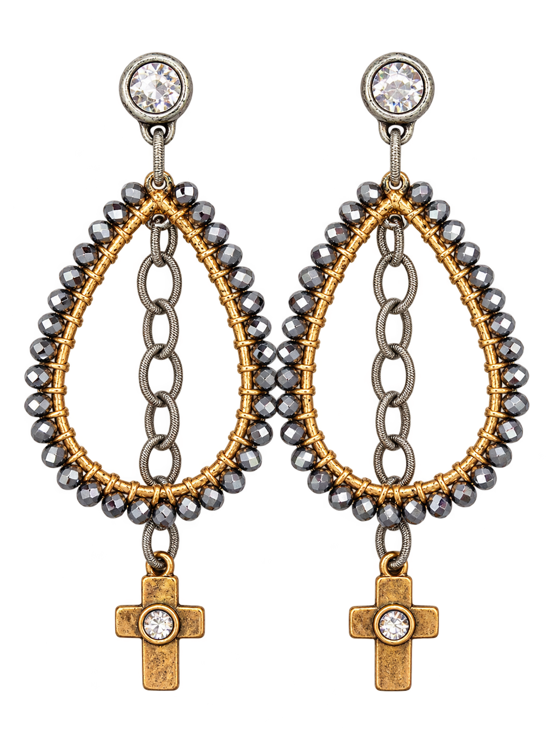 Mixed metal teardrop chain cross earrings with Swarovski crystal studs