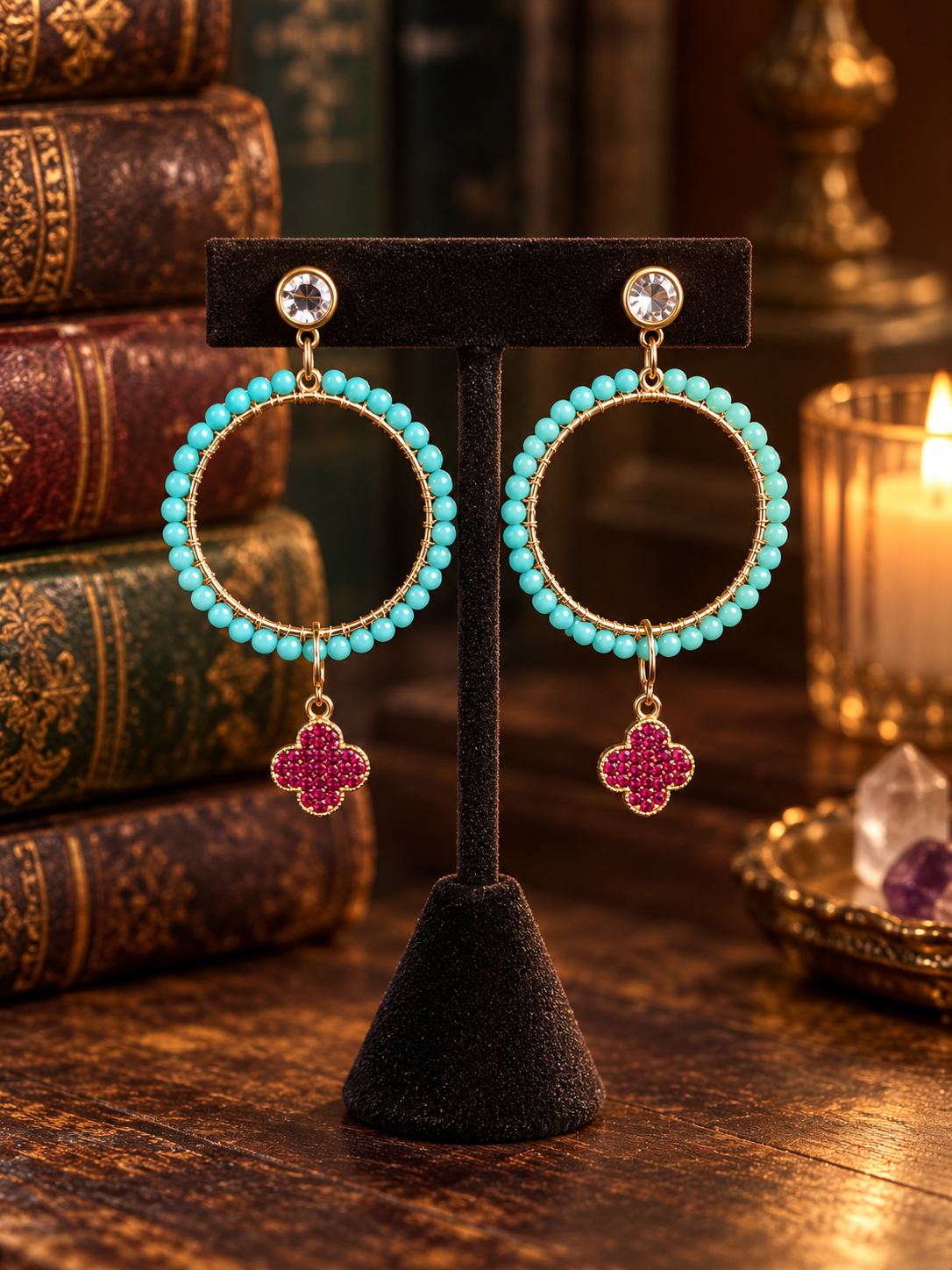 Turquoise Roja charm earrings with red clover charms