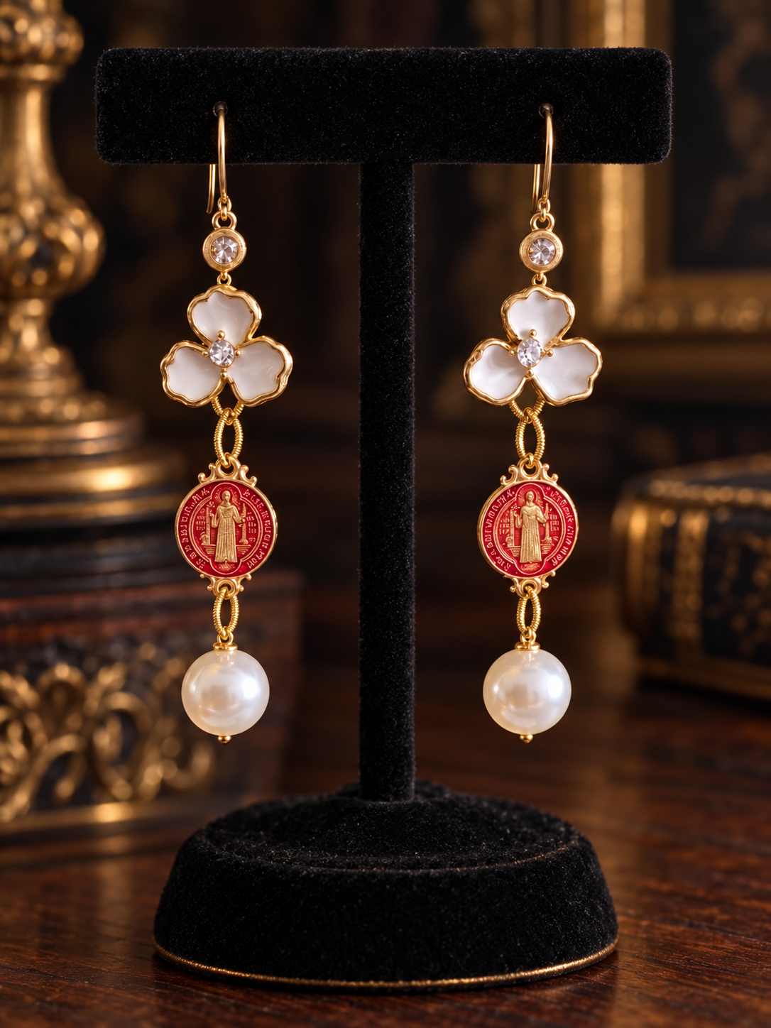 White blossom saint medallion pearl earrings on black velvet display